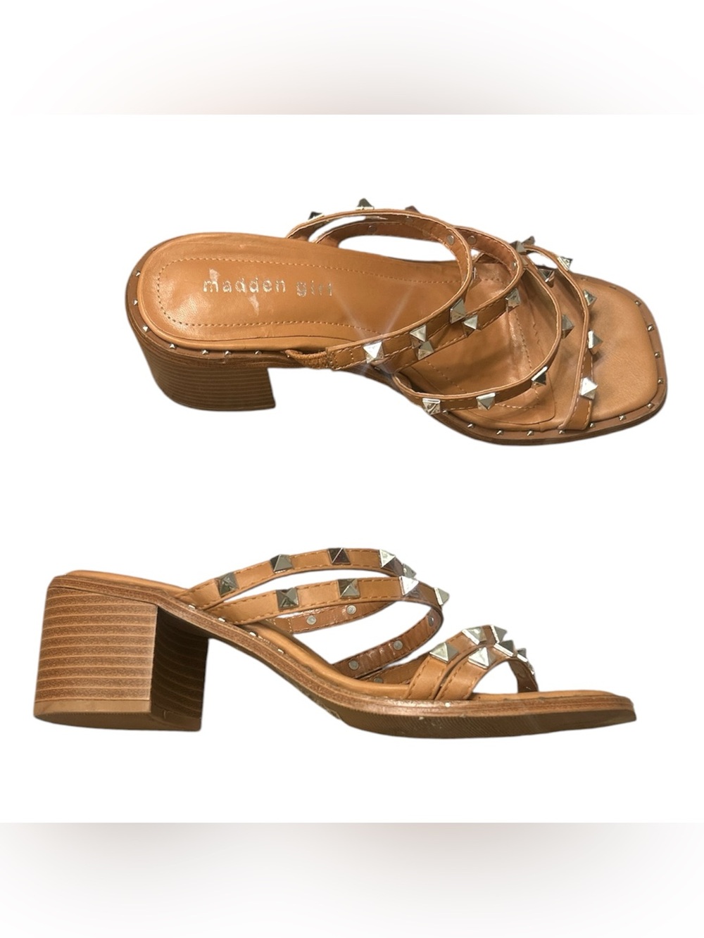 Madden Girl Tan Pyramid Stud Strappy Block Heel Mules Size 6.5 Like NEW